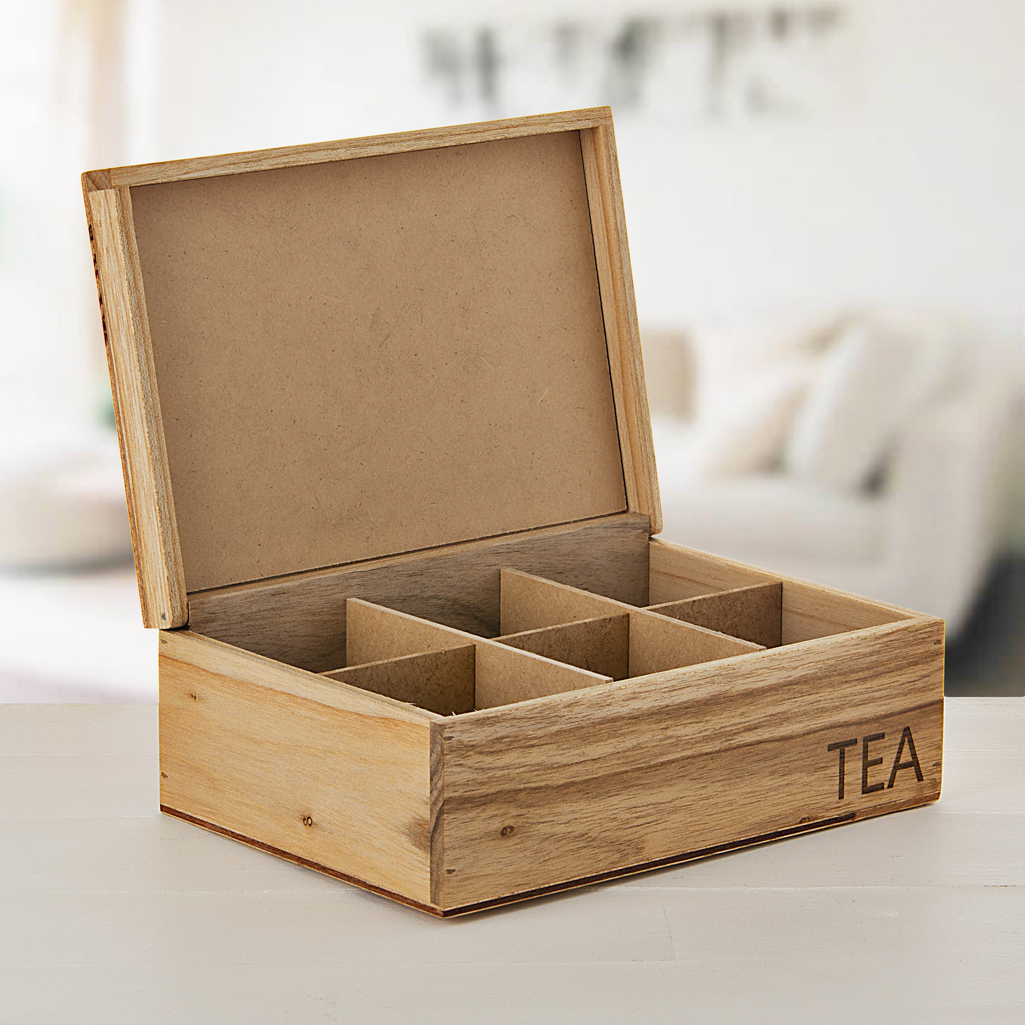 Caja para té elaborada en madera con 6 divisiones Natural