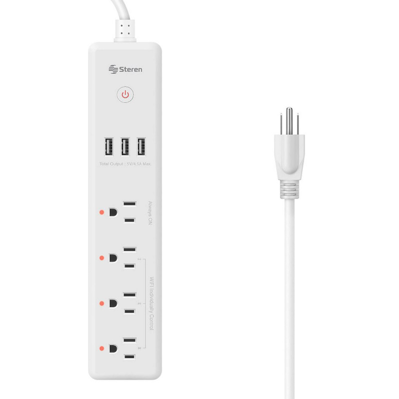 Steren Regleta Smart Home SHOME-300 con 1 Conector Normal / 3 Contactos Wi-Fi / 3 USB