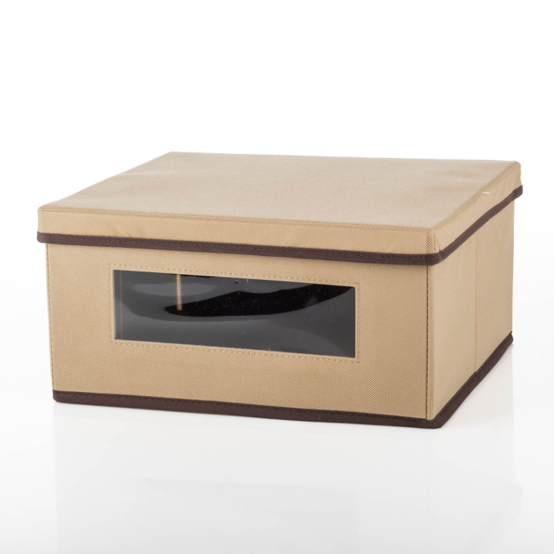 Caja Organizadora Cuadrada Habano / Café 17x35x31cm de Poliéster y Cartón con Tapa y Ventana Haus